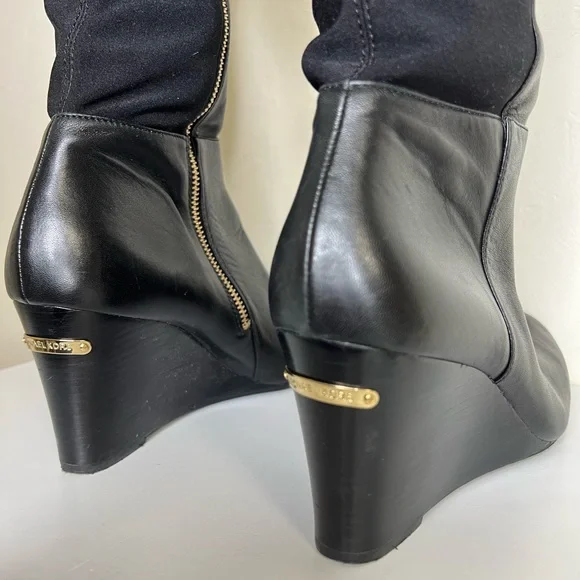Michael Kors Genuine Leather & Stretch Black Knee Tall Wedge Zip Boots Sz 7.5 - Picture 9 of 12